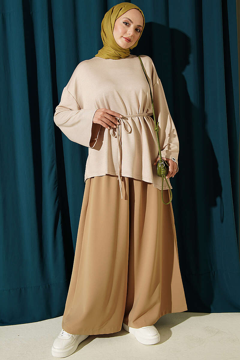 Tunic with Emblem and Tie Cord - Beige