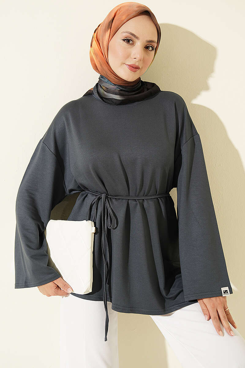 Tunic with Emblem and Tie Cord - Smoke Grey