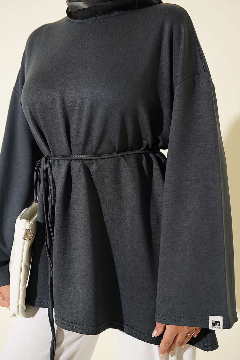 Tunic with Emblem and Tie Cord - Smoke Grey