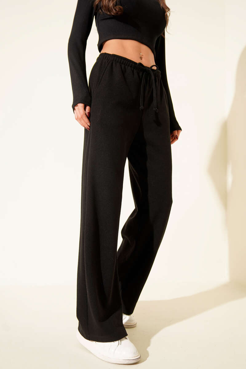 Wide-Leg Pants with Tie Cords - Black