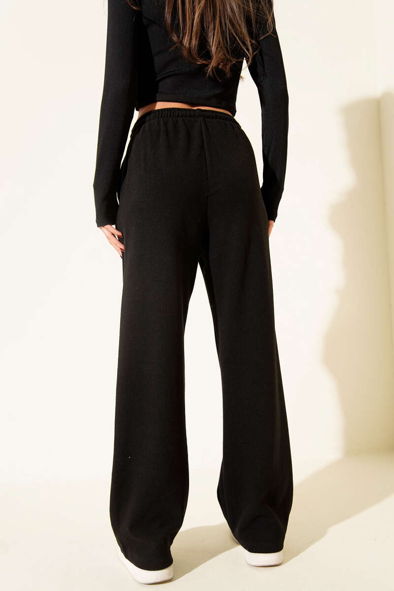 Wide-Leg Pants with Tie Cords - Black