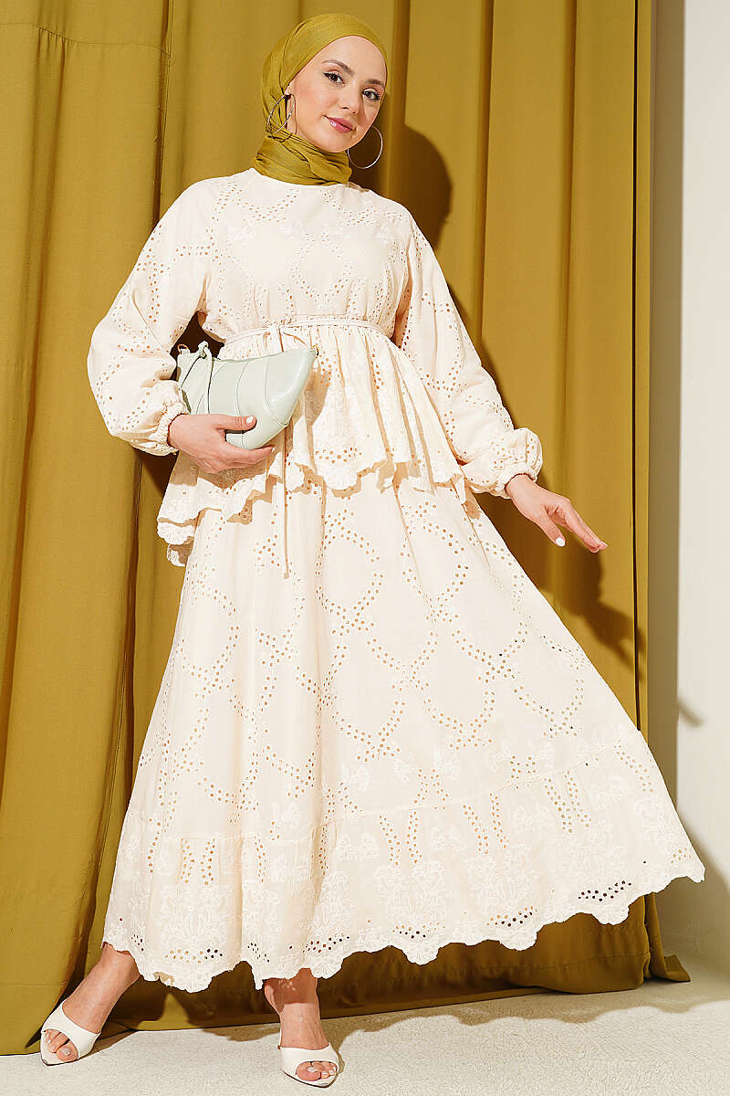 Broderie Skirt Set with Tie Cords - Beige