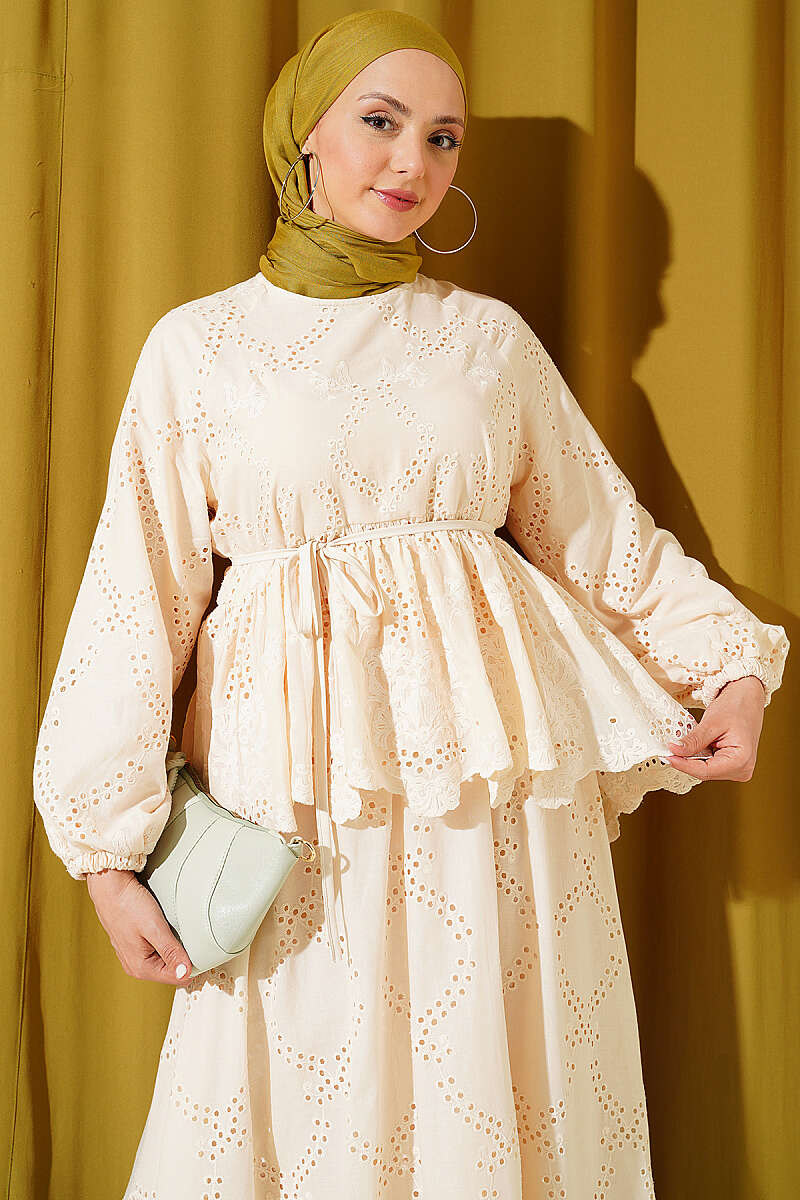 Broderie Skirt Set with Tie Cords - Beige