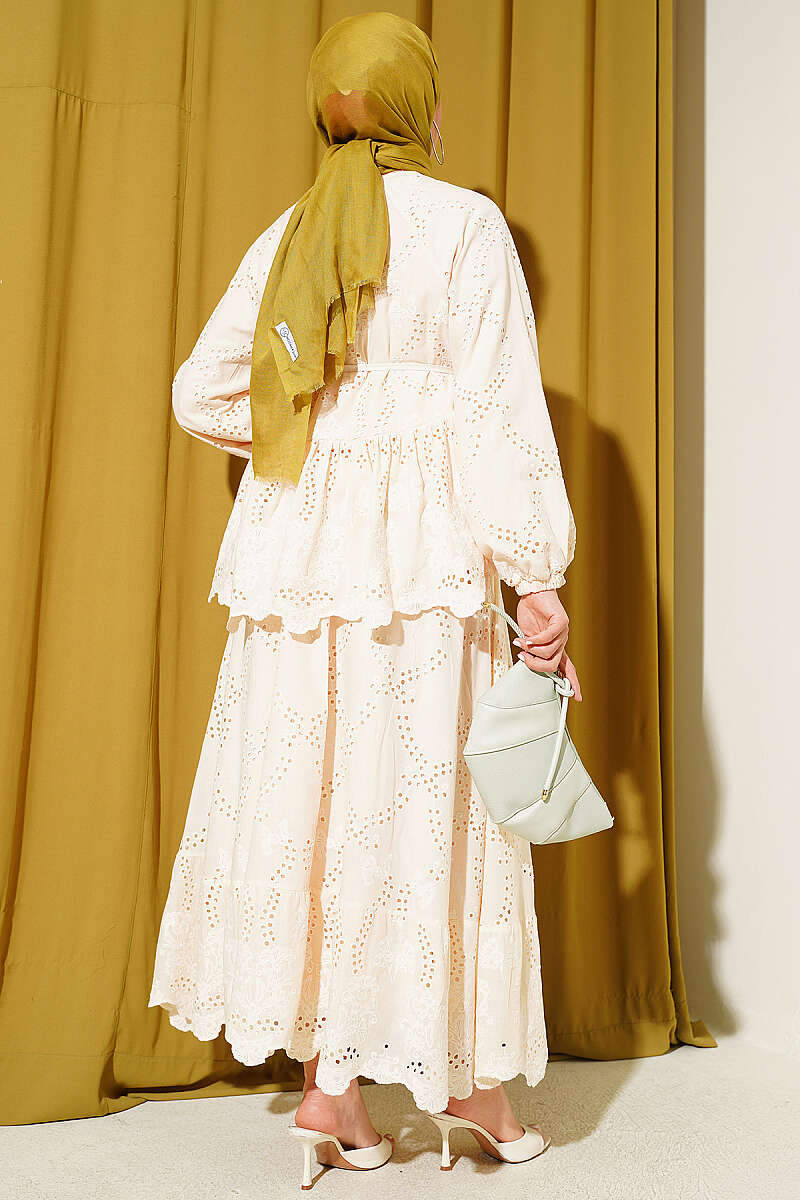 Broderie Skirt Set with Tie Cords - Beige