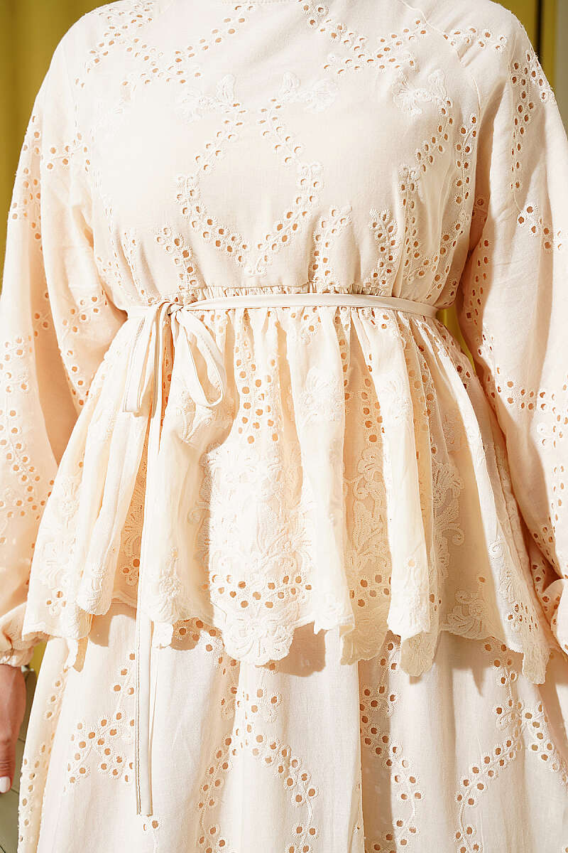 Broderie Skirt Set with Tie Cords - Beige