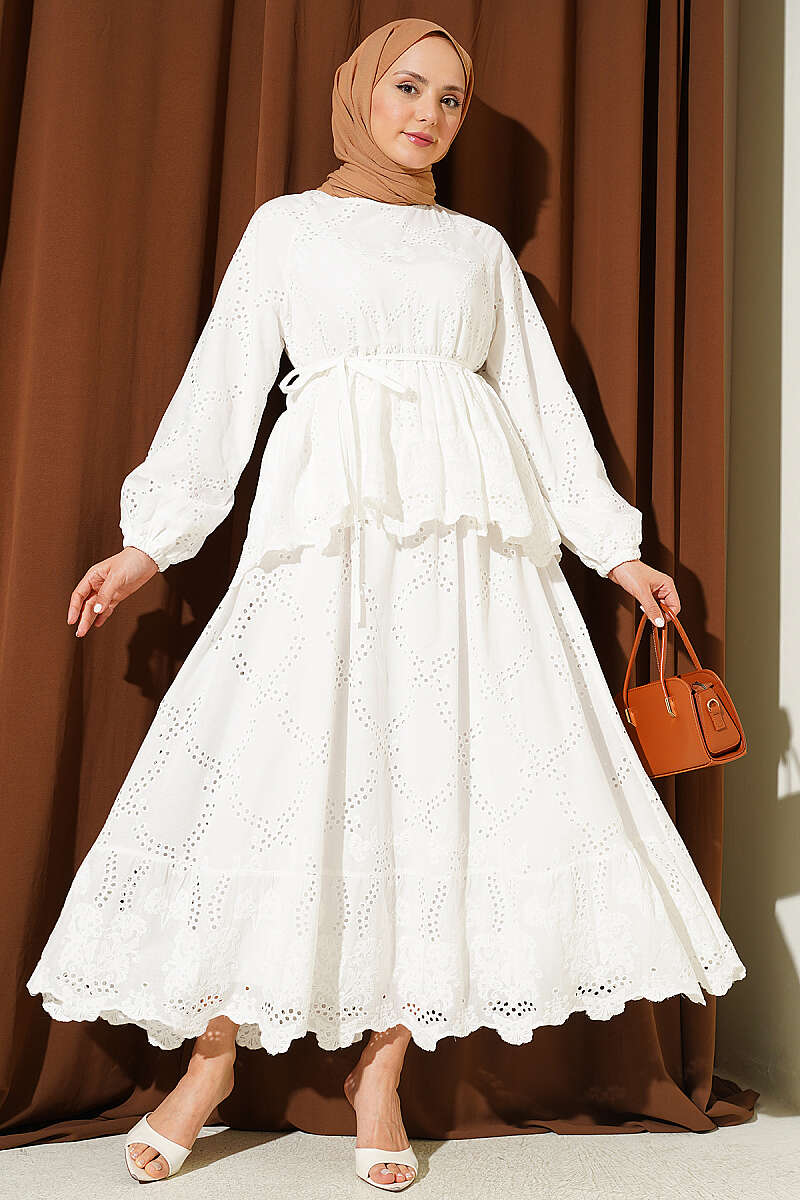 Broderie Skirt Set with Tie Cords - White