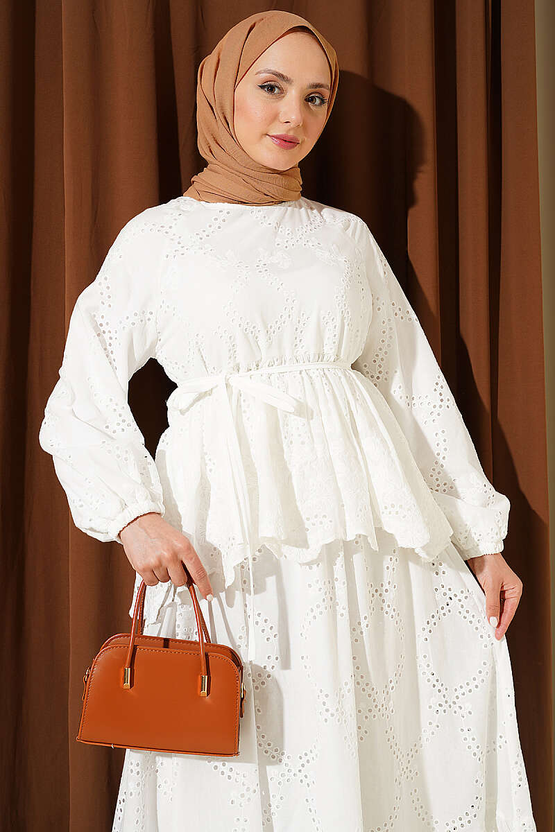 Broderie Skirt Set with Tie Cords - White