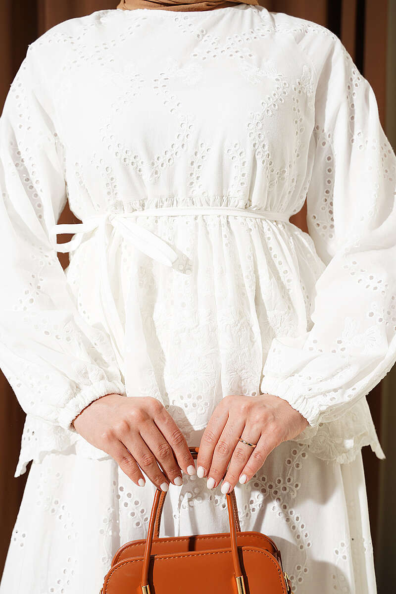 Broderie Skirt Set with Tie Cords - White