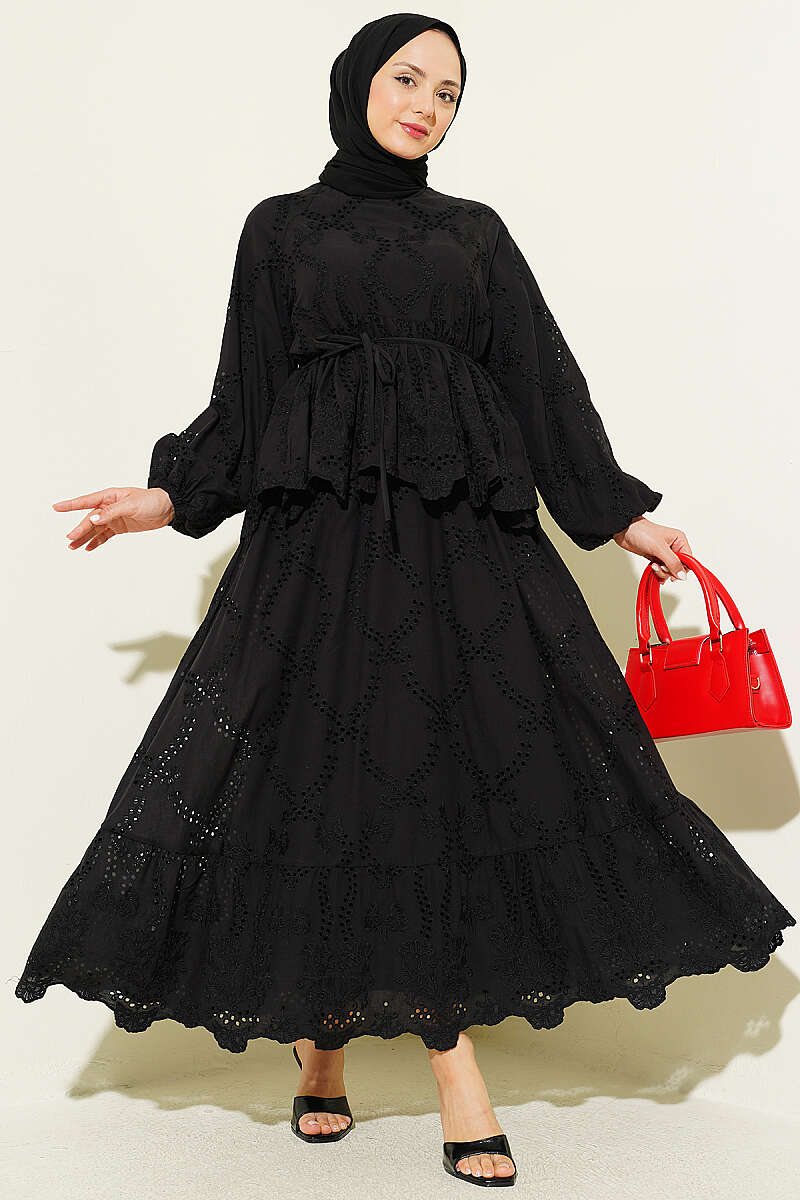 Broderie Skirt Set with Tie Cords - Black