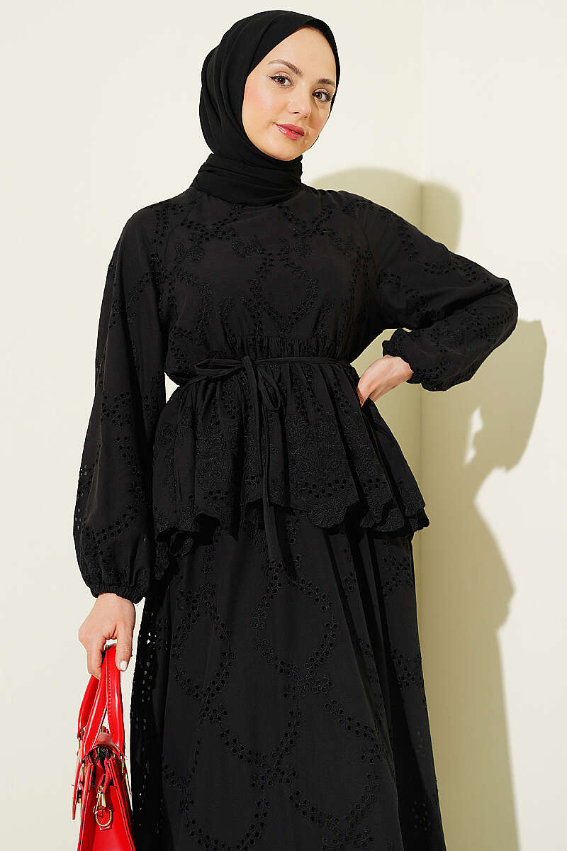 Broderie Skirt Set with Tie Cords - Black