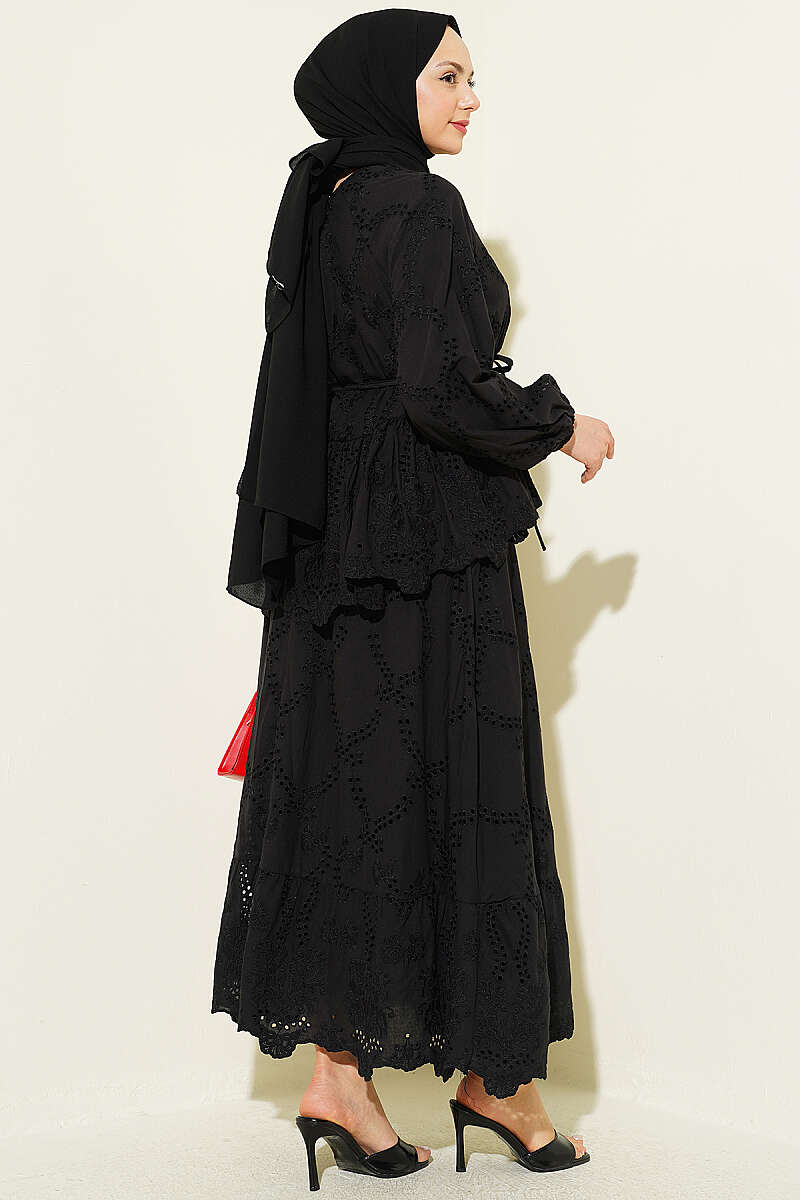 Broderie Skirt Set with Tie Cords - Black