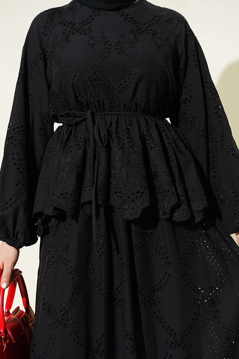 Broderie Skirt Set with Tie Cords - Black