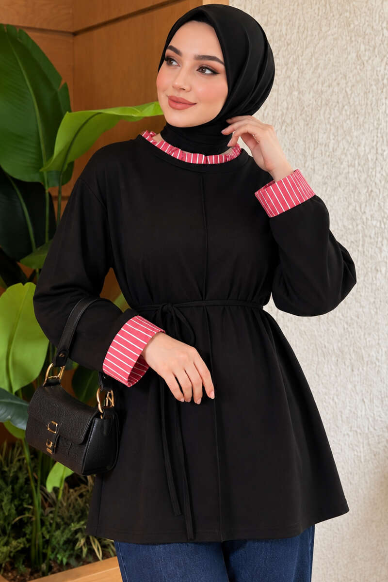 Striped Tunic with Tie Cord - Black
