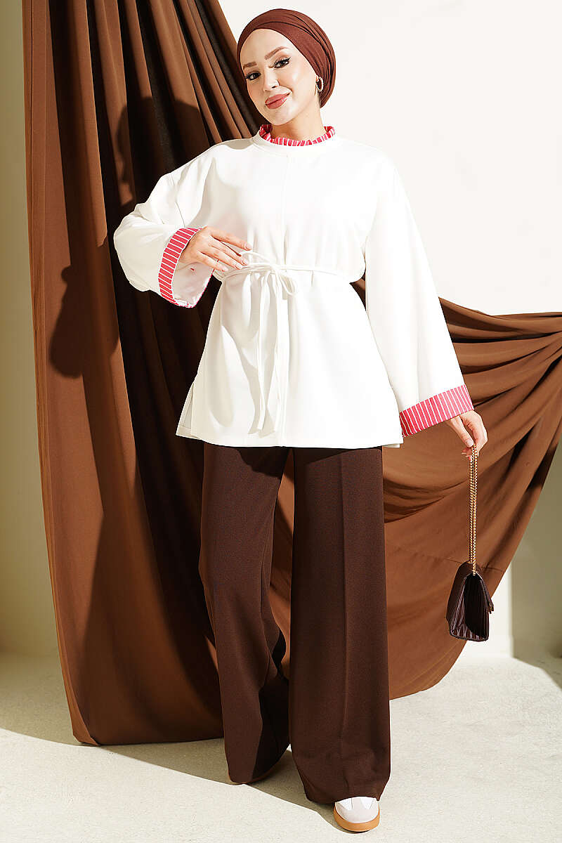 Tunic with Tie Cord and Line Trim - White