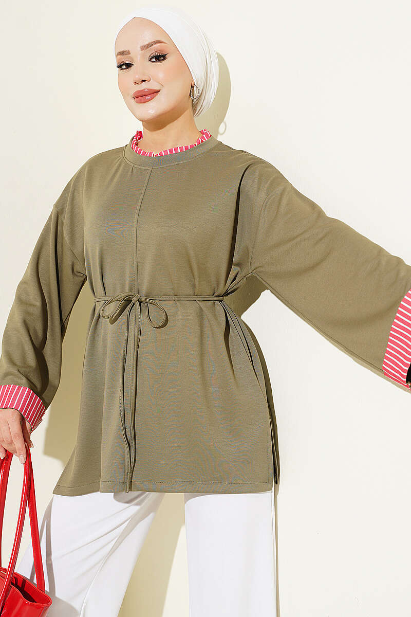 Tunic with Tie Cord and Line Trim - Khaki