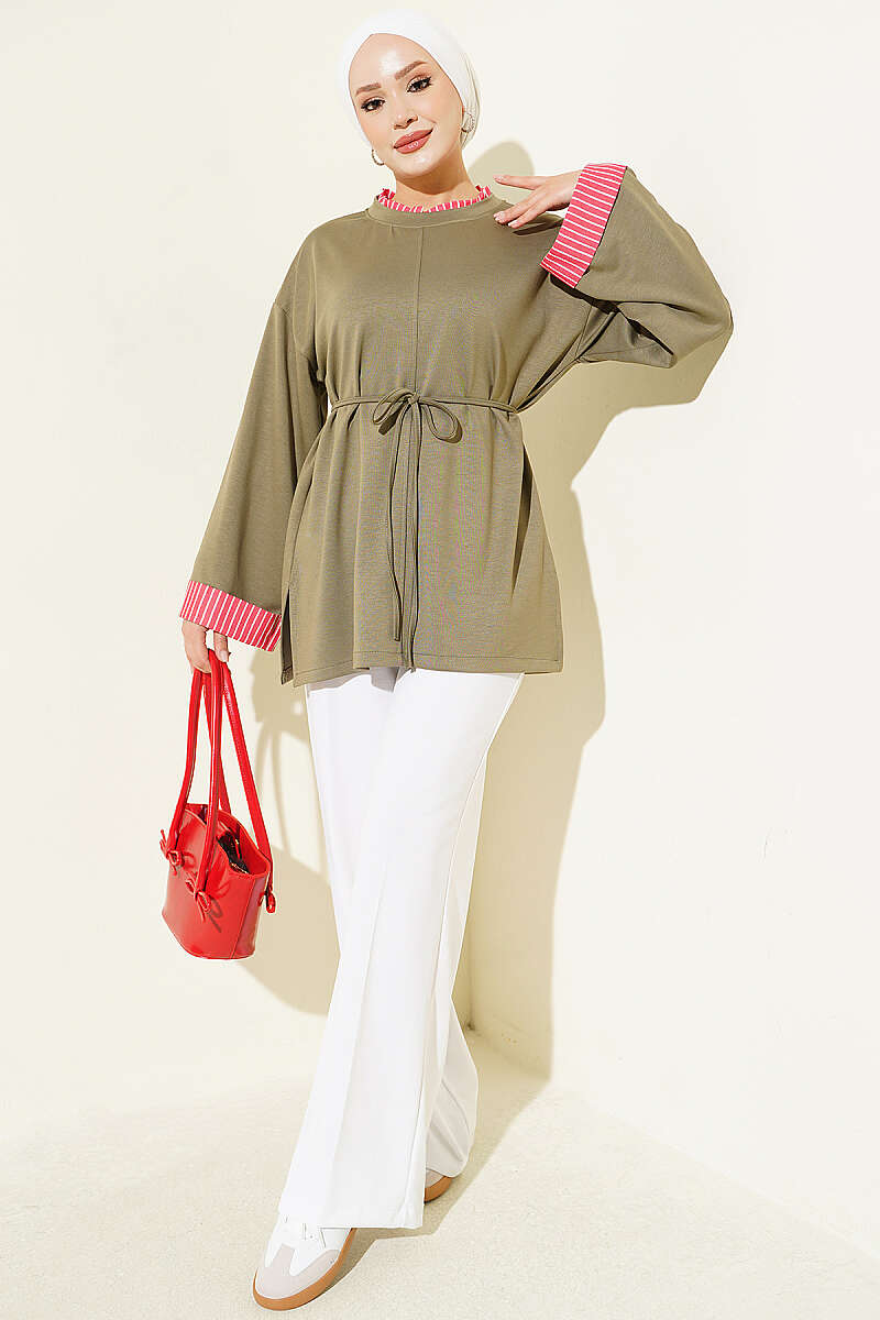 Tunic with Tie Cord and Line Trim - Khaki
