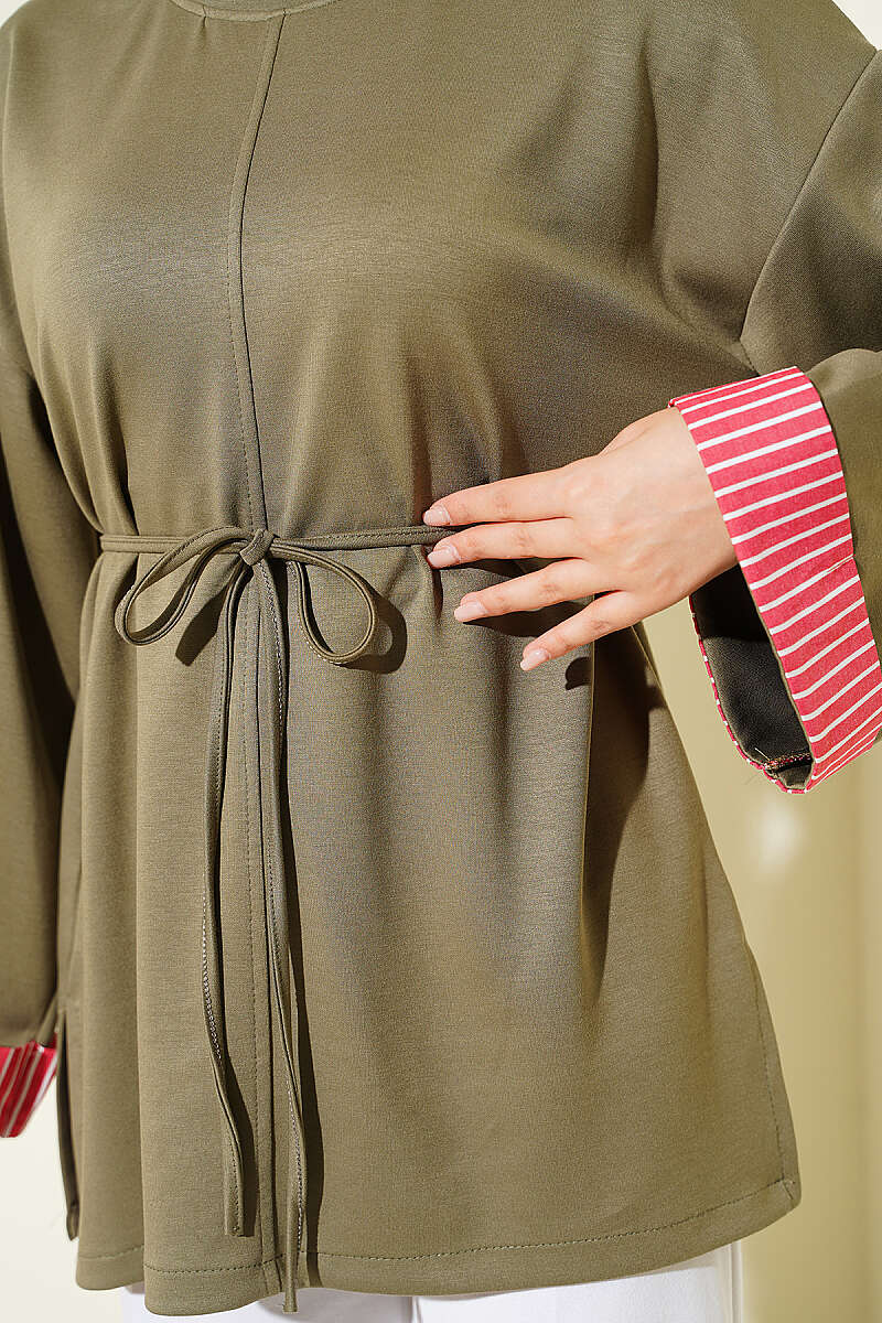 Tunic with Tie Cord and Line Trim - Khaki