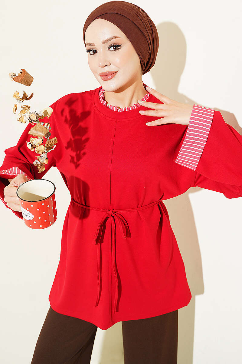 Tunic with Tie Cord and Line Trim - Red