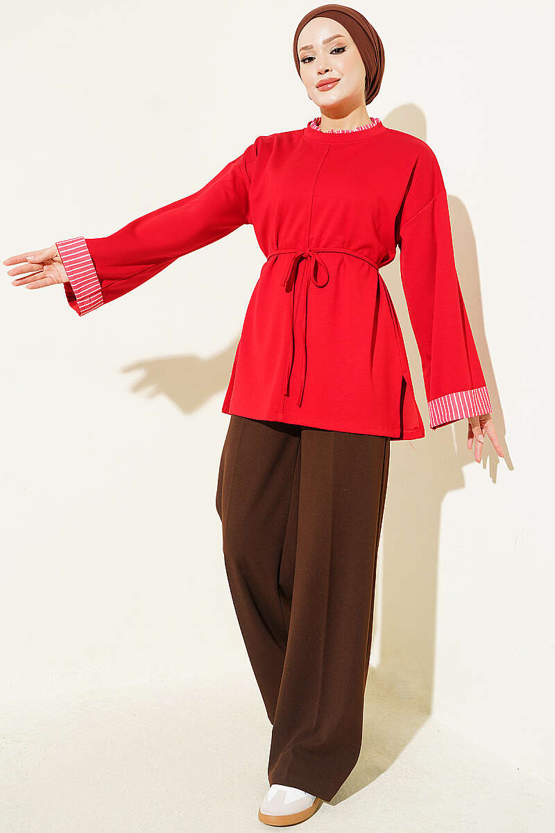 Tunic with Tie Cord and Line Trim - Red
