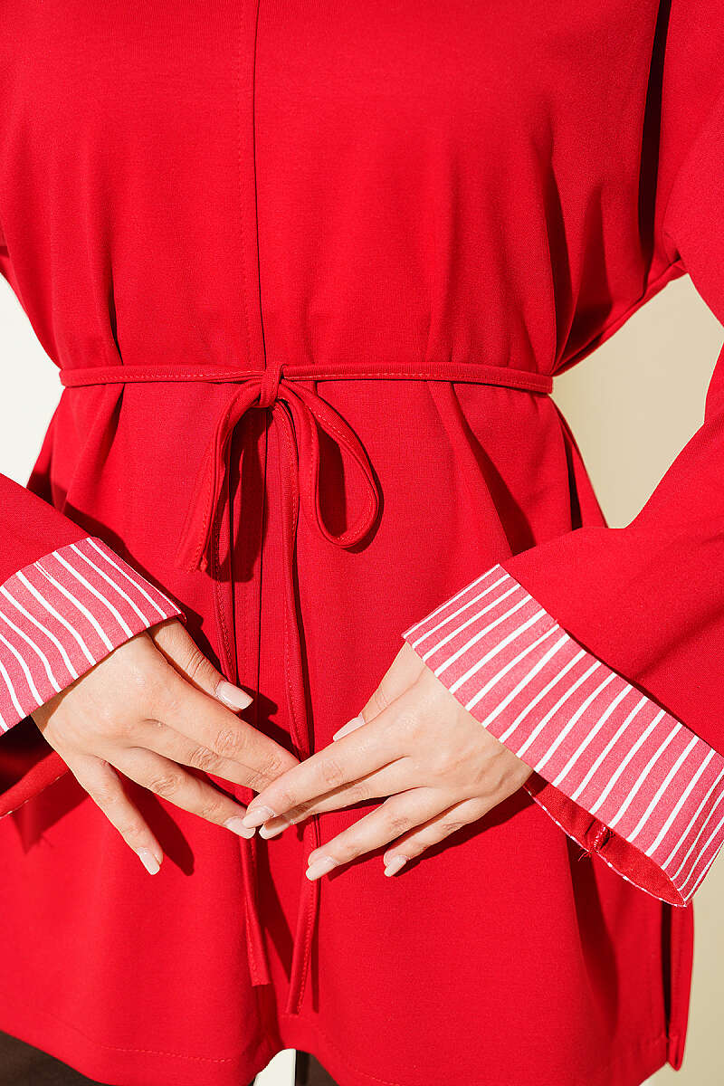 Tunic with Tie Cord and Line Trim - Red