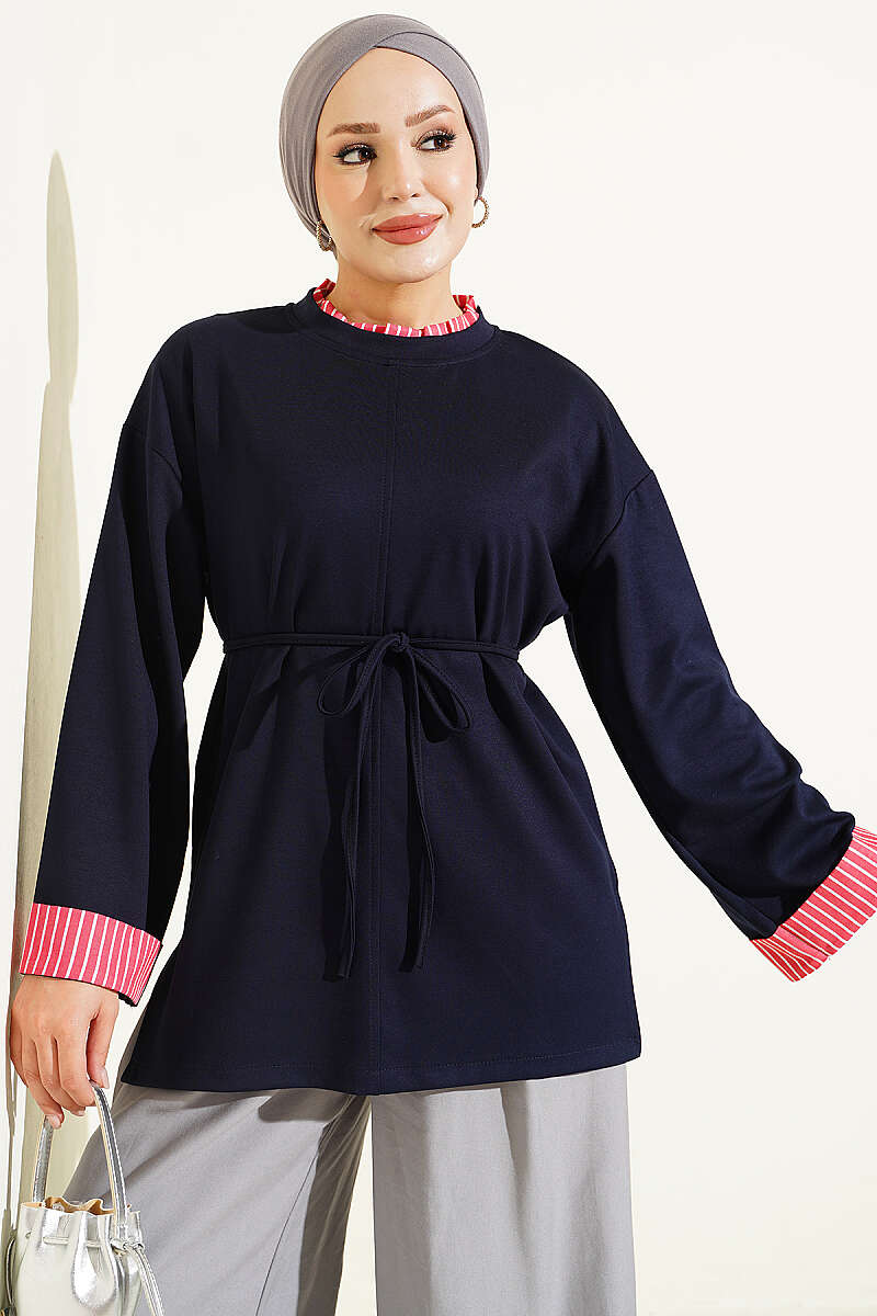Tunic with Tie Cord and Line Trim - Navy