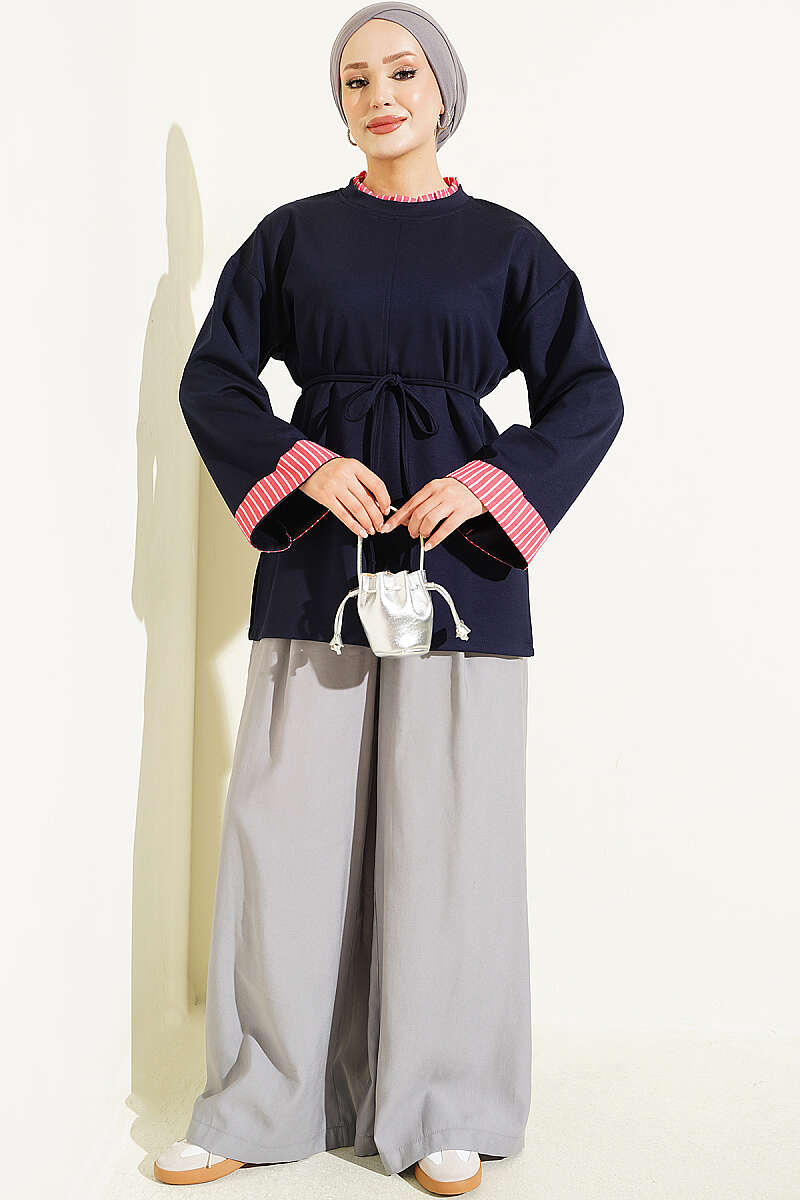 Tunic with Tie Cord and Line Trim - Navy