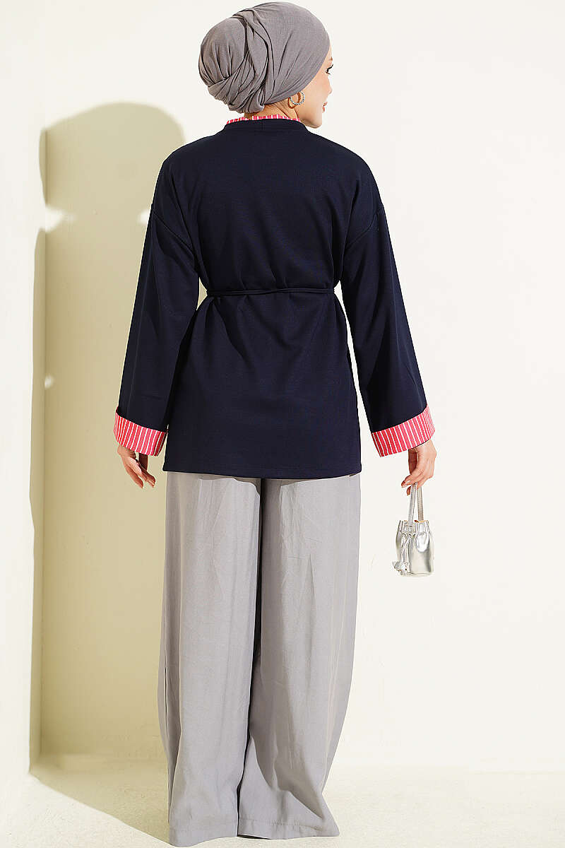 Tunic with Tie Cord and Line Trim - Navy
