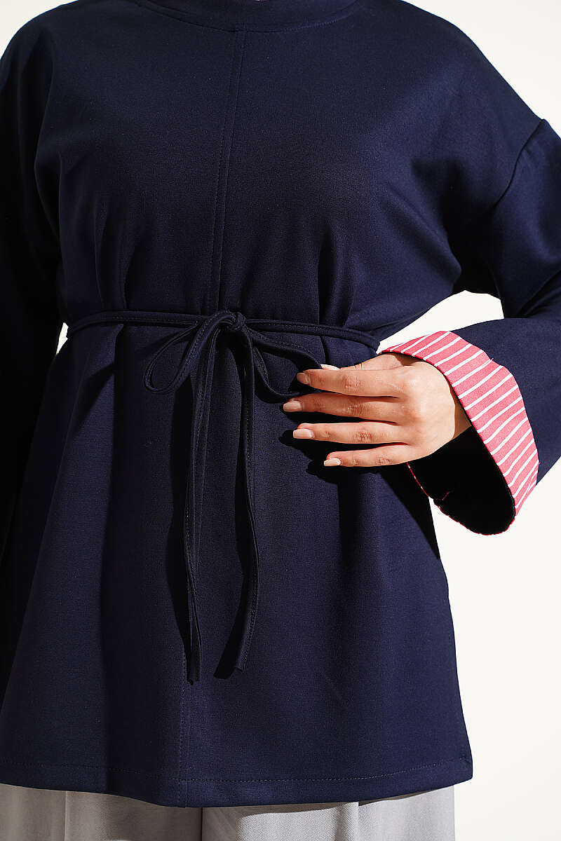 Tunic with Tie Cord and Line Trim - Navy