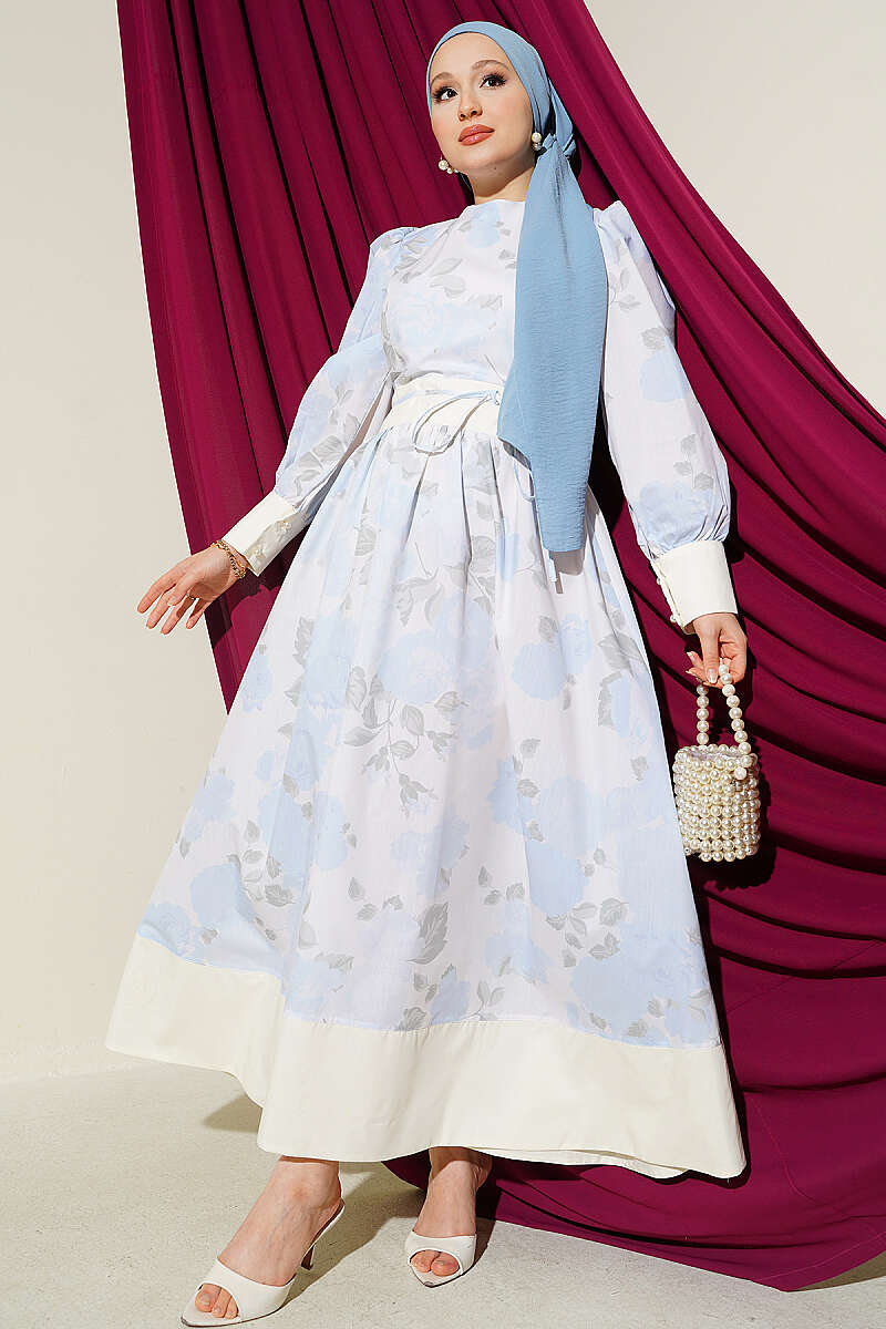 Patterned Puff-Sleeve Dress with Tie Cord - Blue