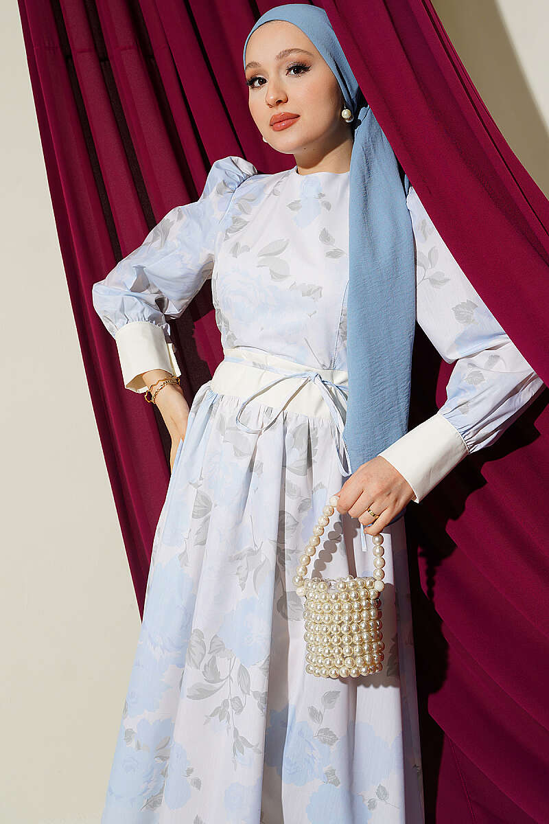 Patterned Puff-Sleeve Dress with Tie Cord - Blue