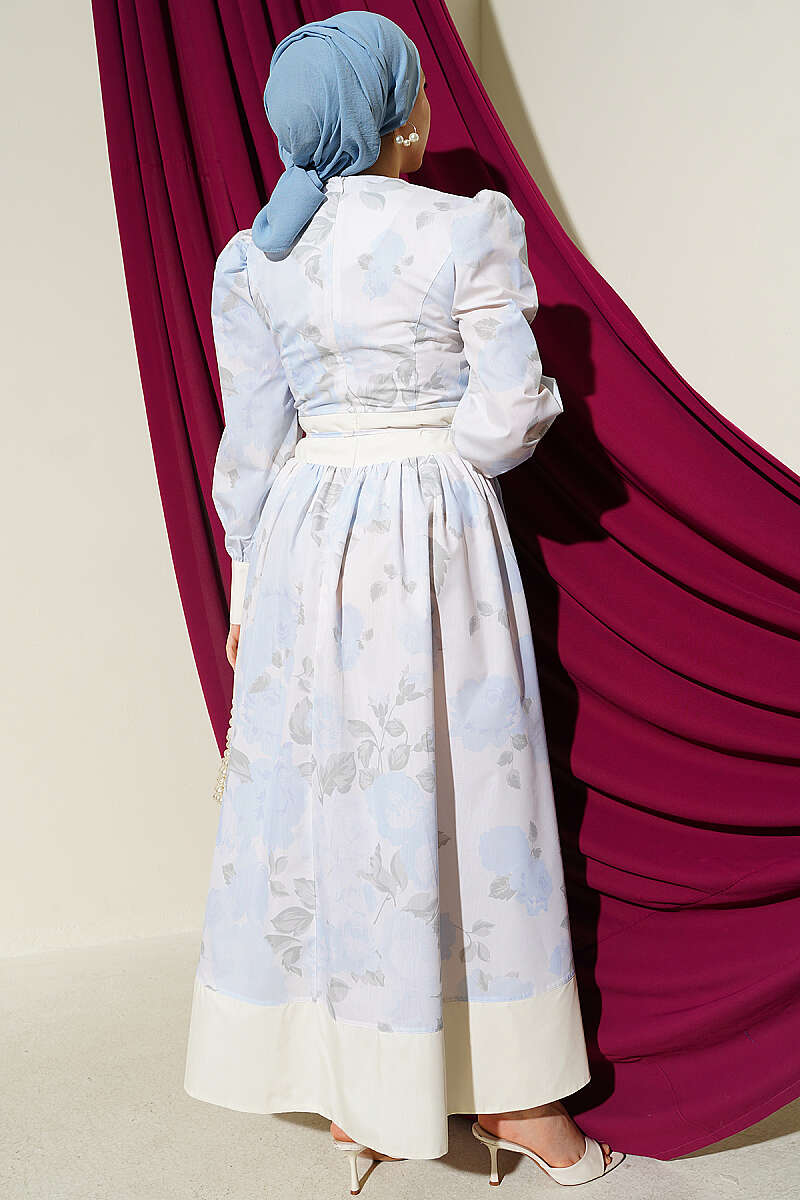 Patterned Puff-Sleeve Dress with Tie Cord - Blue
