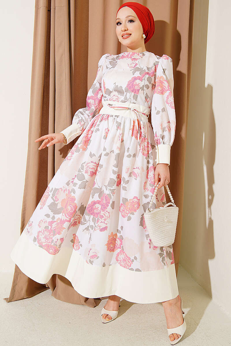 Patterned Puff-Sleeve Dress with Tie Cord - Orange