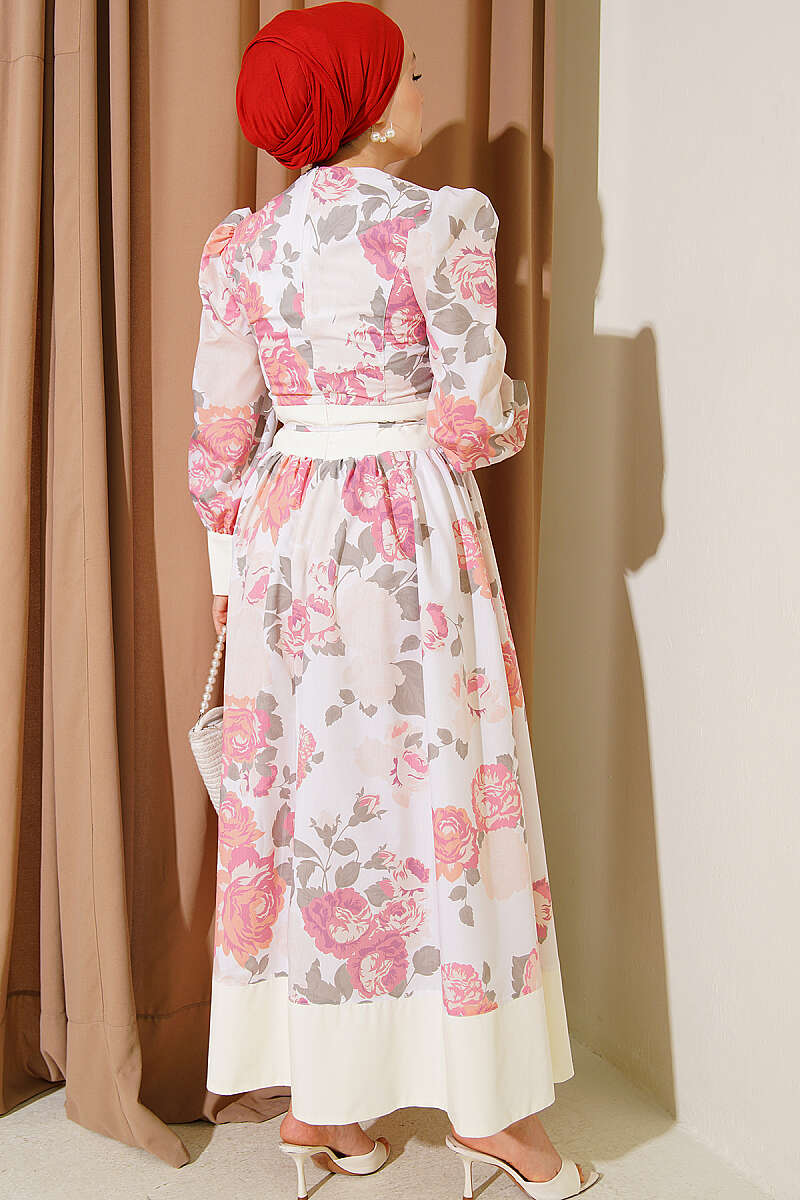 Patterned Puff-Sleeve Dress with Tie Cord - Orange