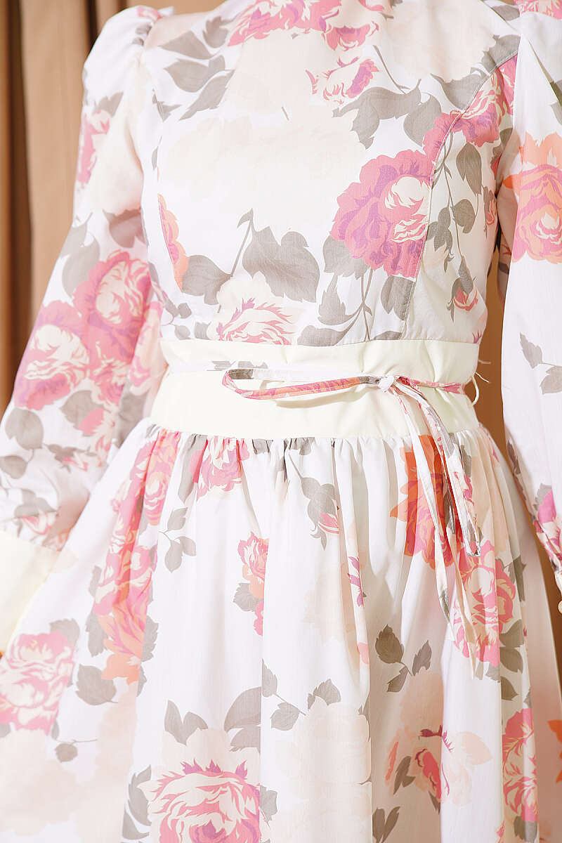 Patterned Puff-Sleeve Dress with Tie Cord - Orange