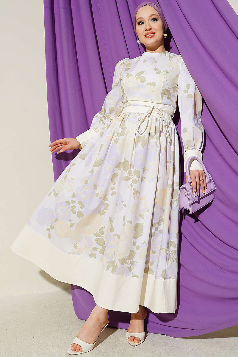 Patterned Puff-Sleeve Dress with Tie Cord - Yellow