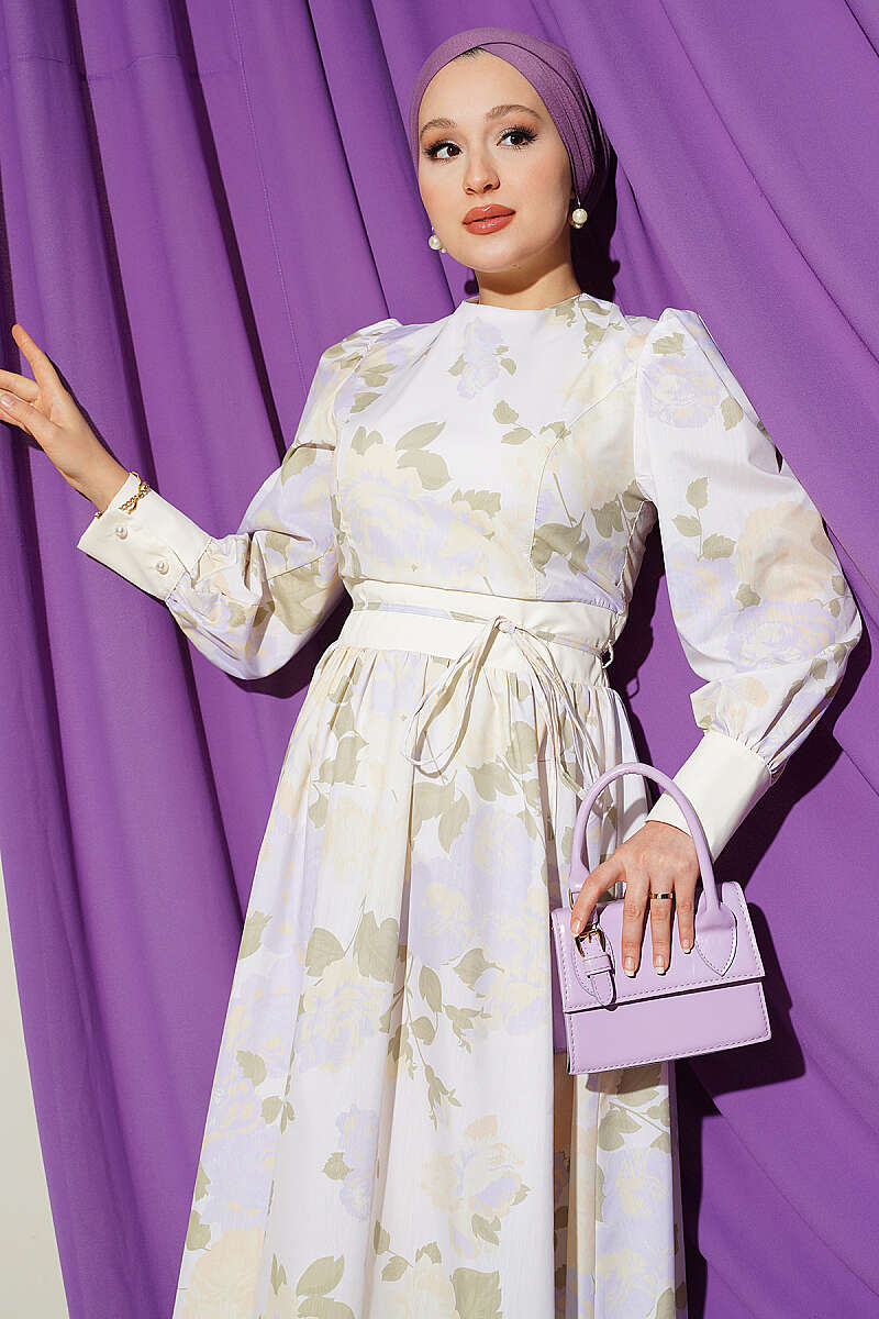 Patterned Puff-Sleeve Dress with Tie Cord - Yellow