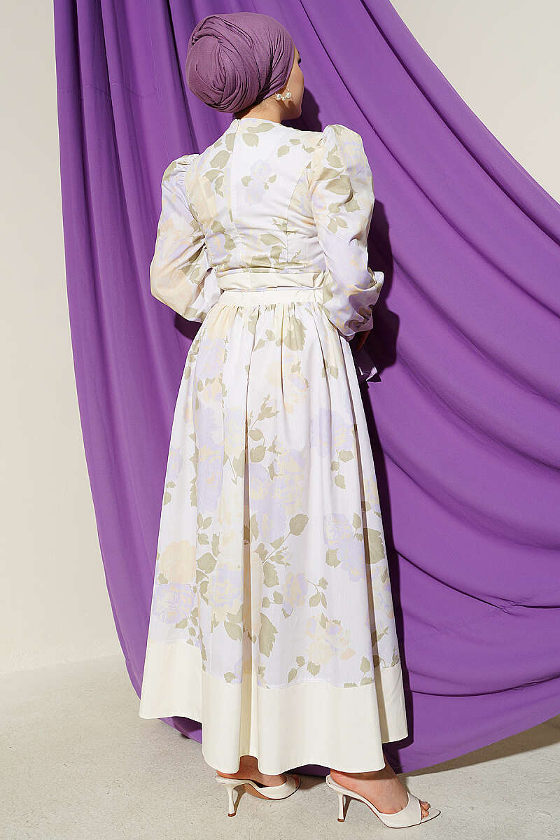 Patterned Puff-Sleeve Dress with Tie Cord - Yellow