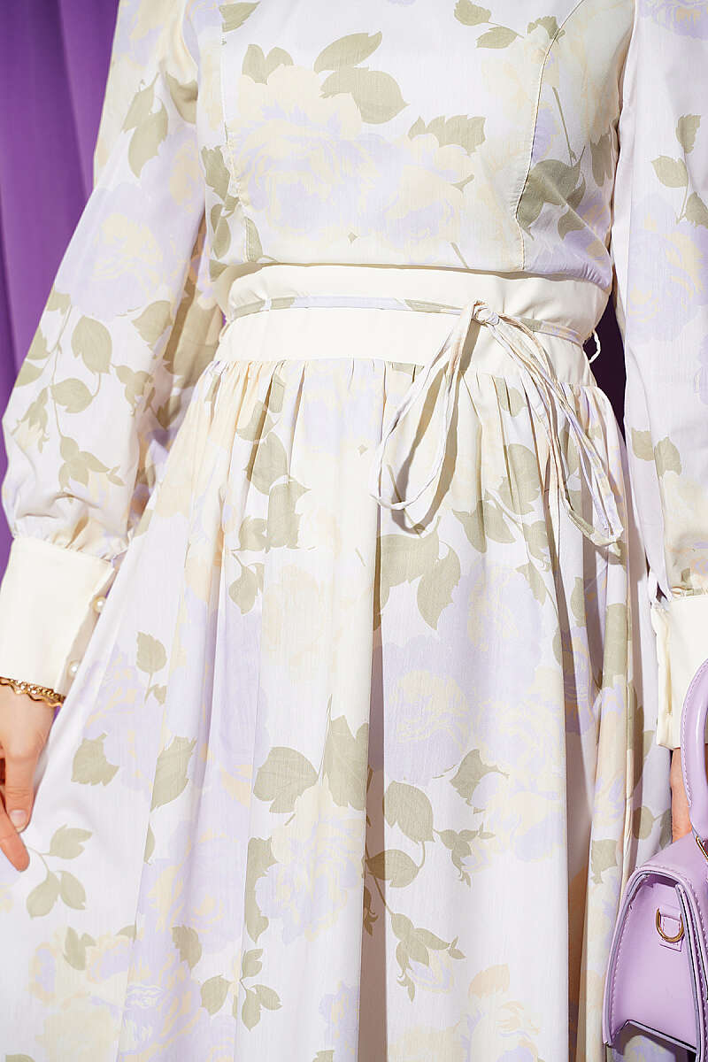 Patterned Puff-Sleeve Dress with Tie Cord - Yellow
