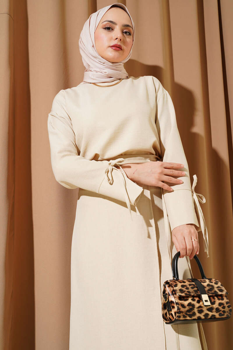 Basic Two-Piece Skirt Set with Tie Cords - Beige
