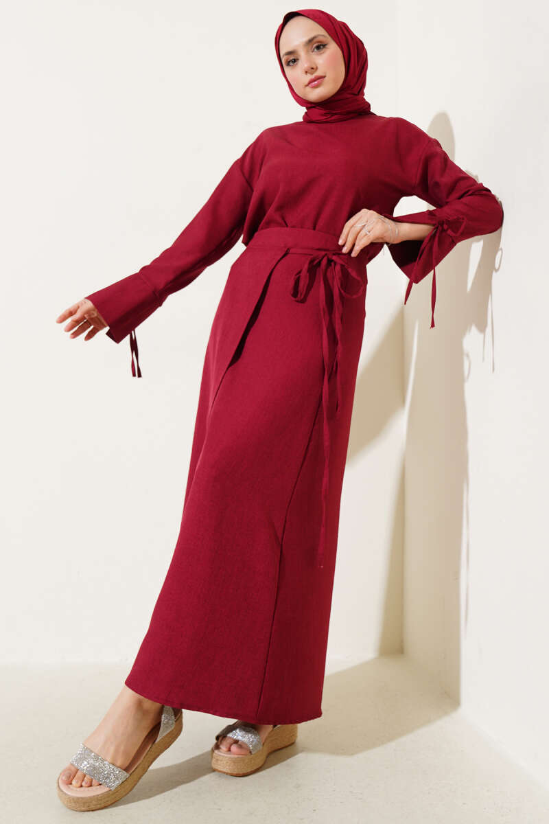 Basic Two-Piece Skirt Set with Tie Cords - Burgundy