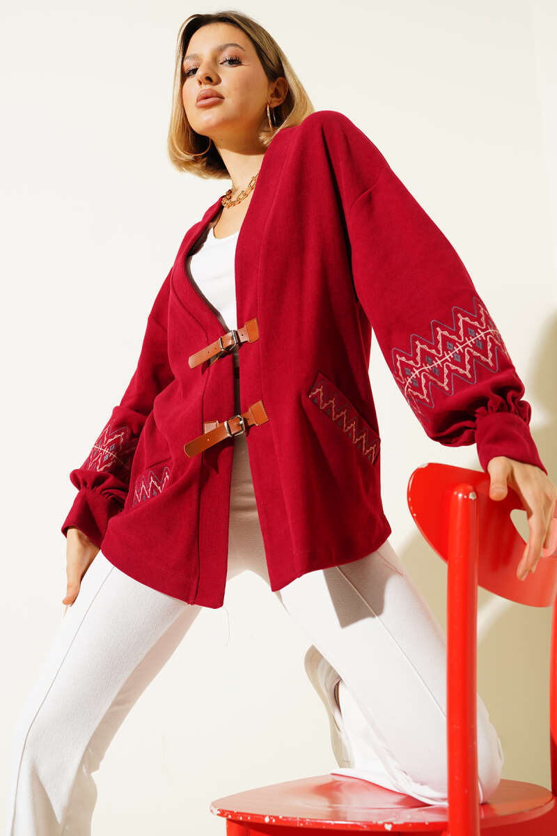 Embroidered Cardigan with Tie Cords - Burgundy