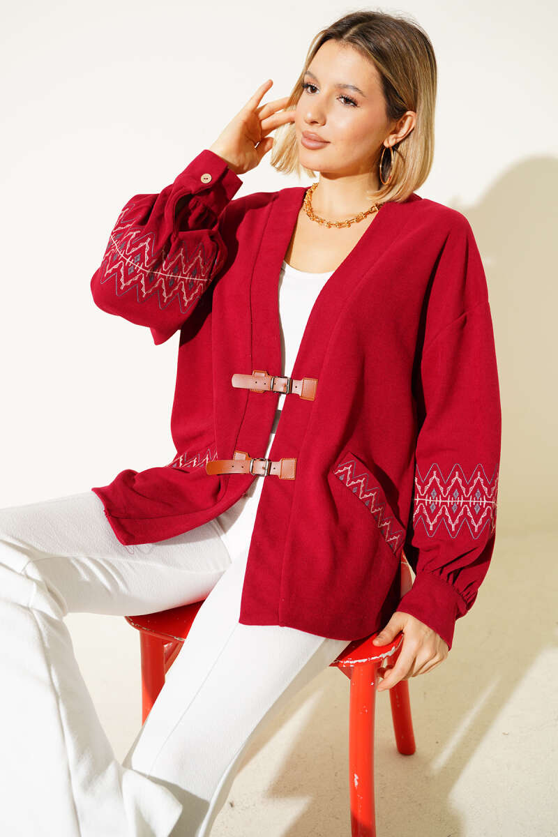 Embroidered Cardigan with Tie Cords - Burgundy