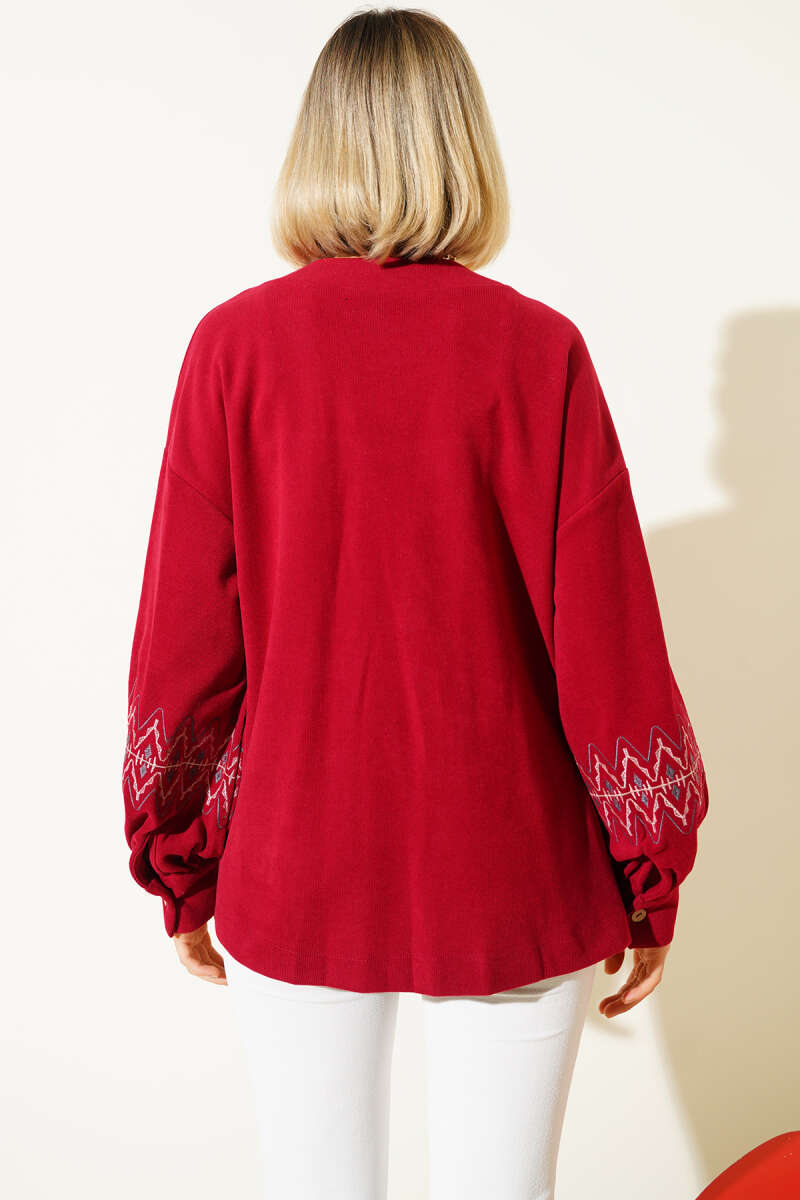Embroidered Cardigan with Tie Cords - Burgundy
