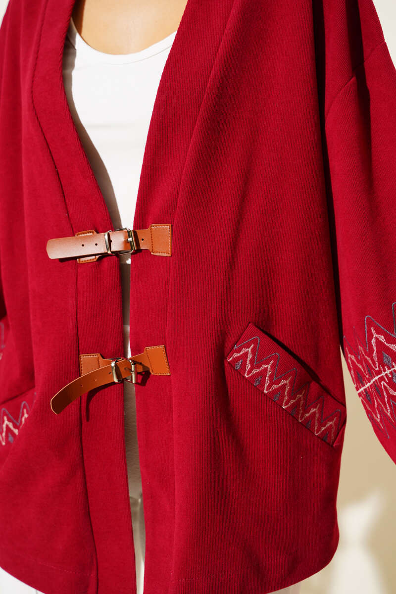 Embroidered Cardigan with Tie Cords - Burgundy