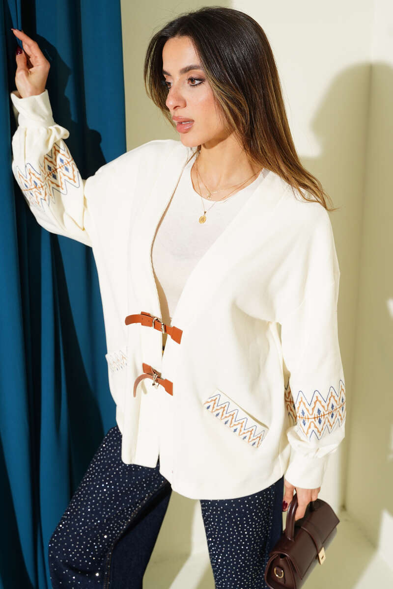 Embroidered Cardigan with Tie Cords - Ecru