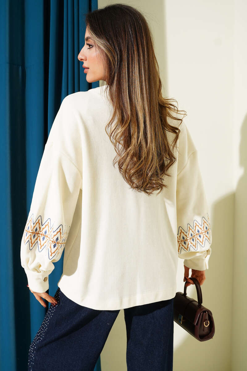 Embroidered Cardigan with Tie Cords - Ecru