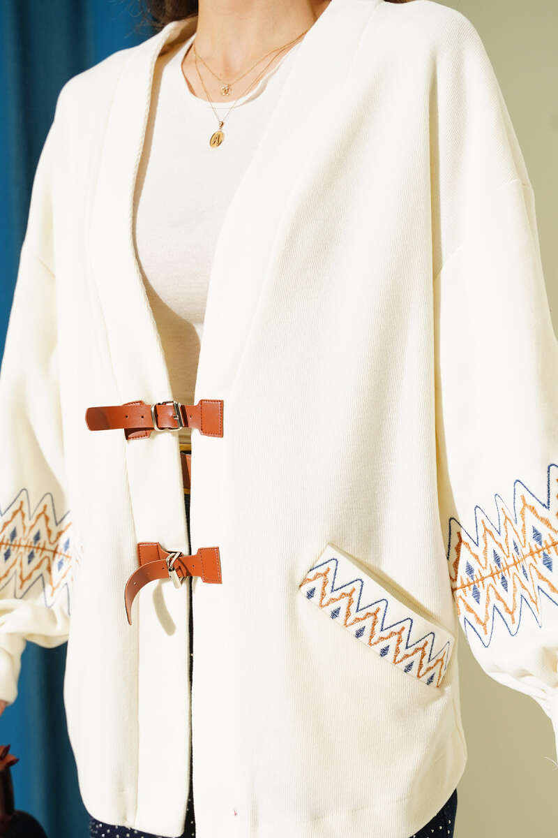 Embroidered Cardigan with Tie Cords - Ecru