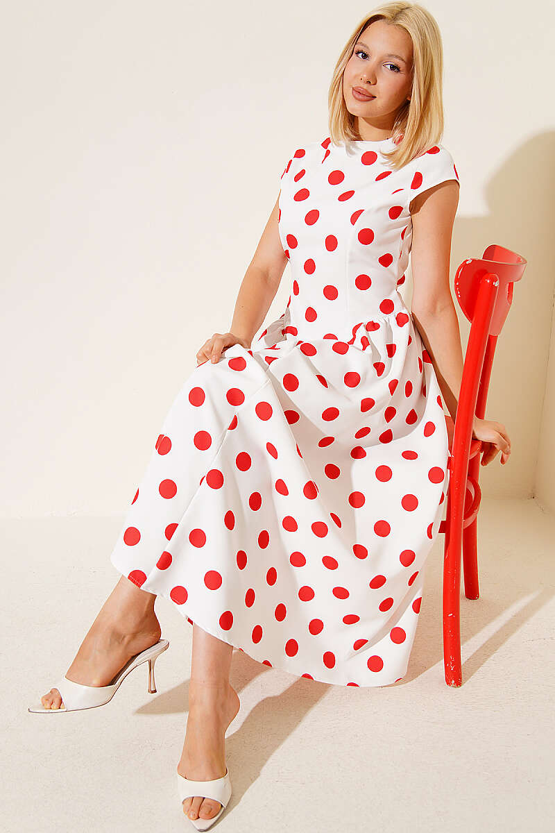 Polka Dot Flared Dress with Tie Cord - Red