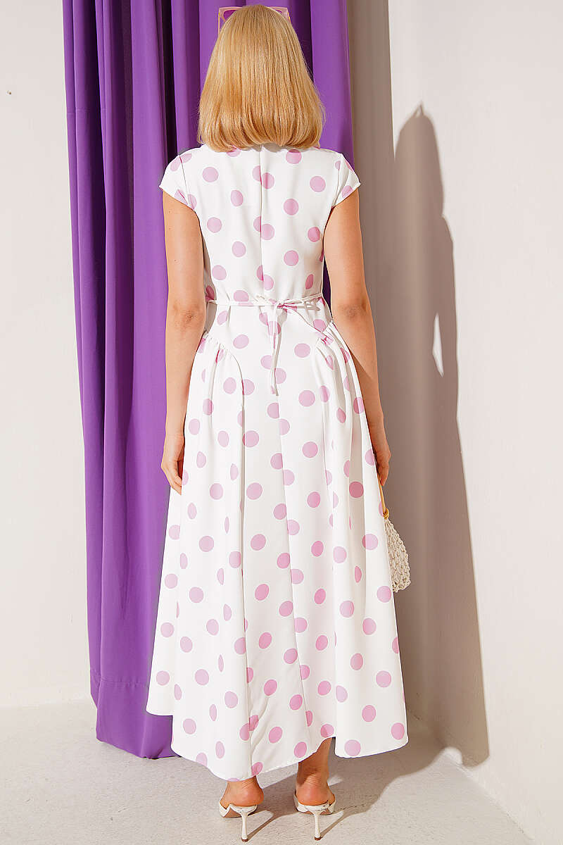 Polka Dot Flared Dress with Tie Cord - Pink