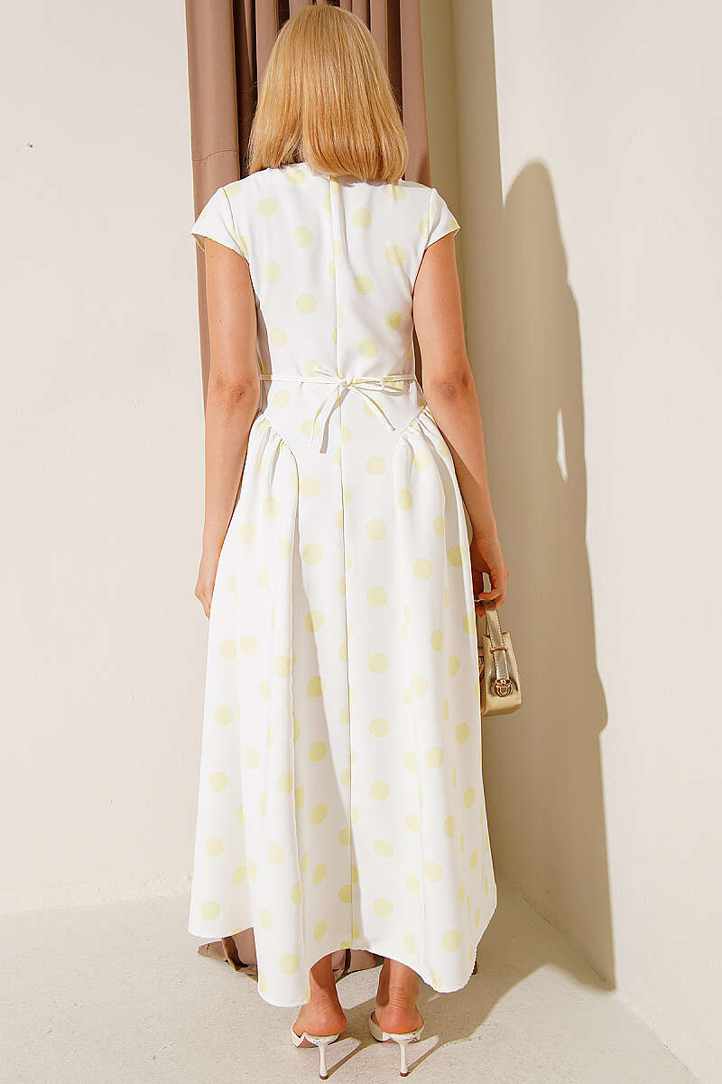 Polka Dot Flared Dress with Tie Cord - Yellow
